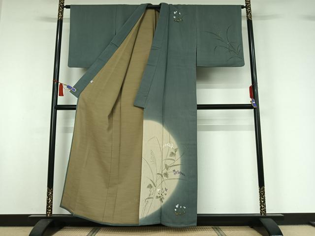 平和屋着物▽訪問着 単衣 紬地 手描き 草花文 金彩 正絹 逸品 AABI7687jh