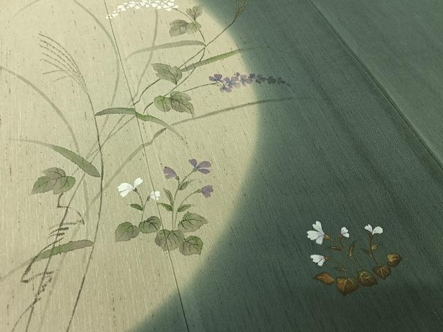 平和屋着物▽訪問着 単衣 紬地 手描き 草花文 金彩 正絹 逸品 AABI7687jh