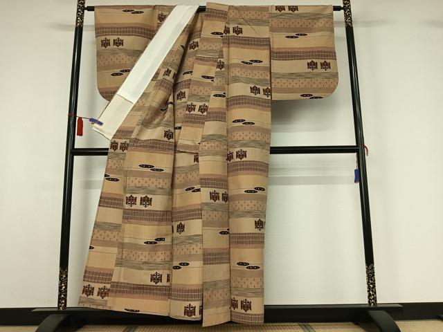平和屋着物▽上質な紬 単衣 横段文 正絹 逸品 AABI7690jh