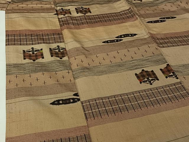 平和屋着物▽上質な紬 単衣 横段文 正絹 逸品 AABI7690jh