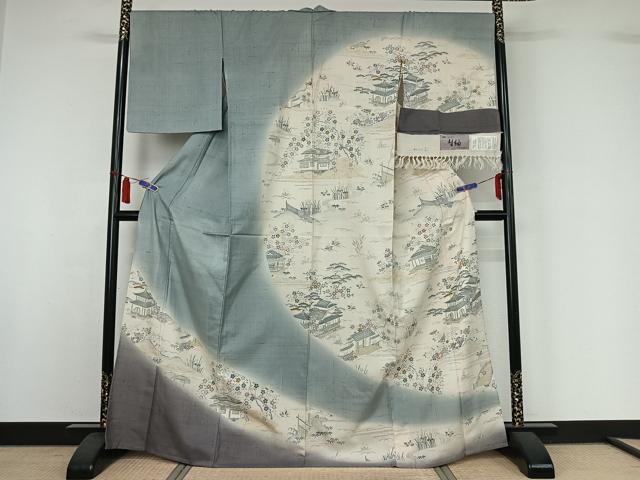 平和屋着物▽染織の名門 しょうざん 生紬 訪問着 単衣 手描き 風景花文 暈し染め 反端付き 正絹 逸品 AABI7697jh