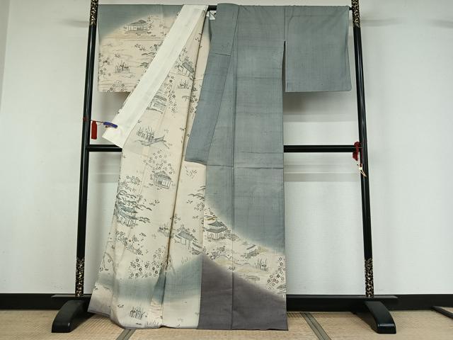 平和屋着物▽染織の名門 しょうざん 生紬 訪問着 単衣 手描き 風景花文 暈し染め 反端付き 正絹 逸品 AABI7697jh