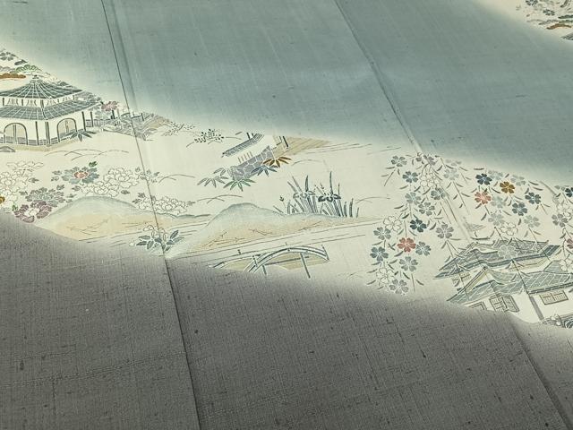 平和屋着物▽染織の名門 しょうざん 生紬 訪問着 単衣 手描き 風景花文 暈し染め 反端付き 正絹 逸品 AABI7697jh