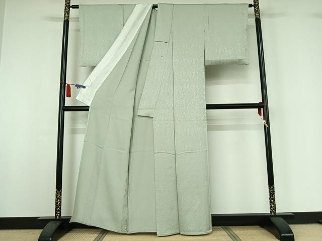 平和屋着物▽上質な色無地 単衣 花尽くし地紋 青磁鼠色 正絹 逸品 AABI7706jh
