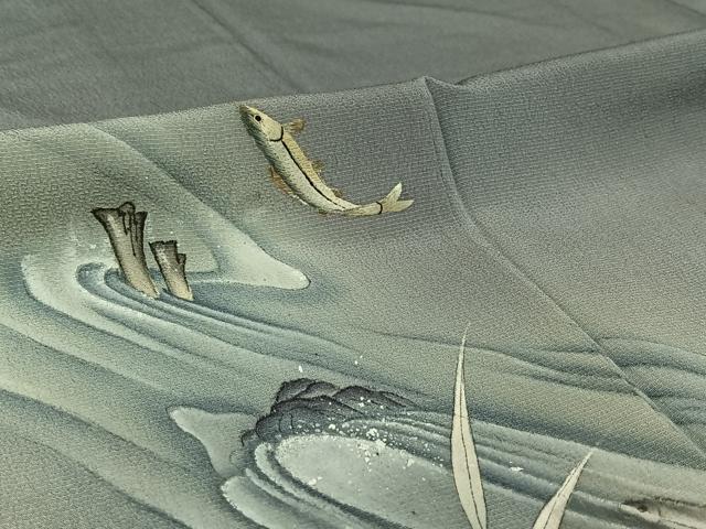 平和屋着物▽豪華色留袖 単衣 手描き 刺繍 流水草葉文 魚 暈し染め 正絹 逸品 AABI7708jh