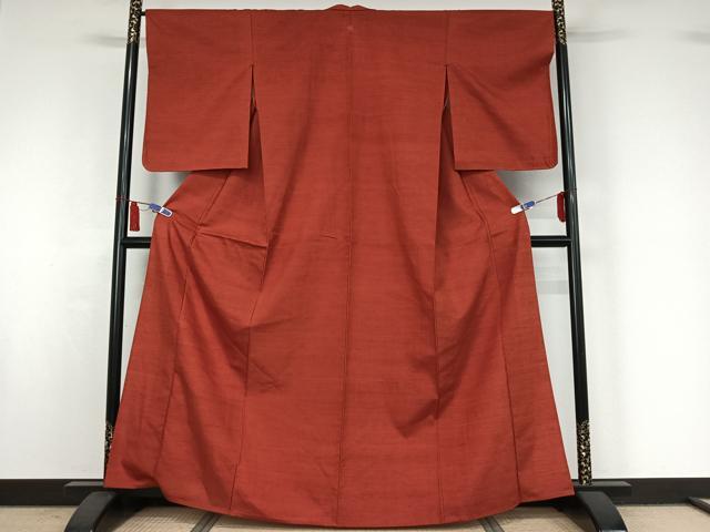 平和屋着物▽結城紬 色無地 単衣 赤丹色 正絹 逸品 AABI7720jh