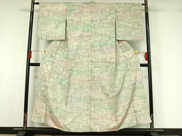 平和屋着物▽上質な紬 単衣 風景文 正絹 逸品 AABI7728jh