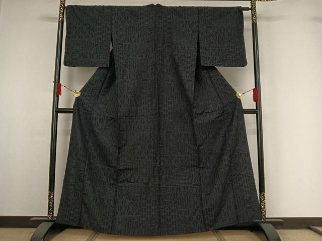 平和屋着物▽結城紬 単衣 80亀甲 幾何学文様 正絹 逸品 AABI7743jh