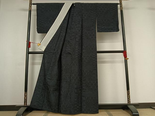 平和屋着物▽結城紬 単衣 80亀甲 幾何学文様 正絹 逸品 AABI7743jh