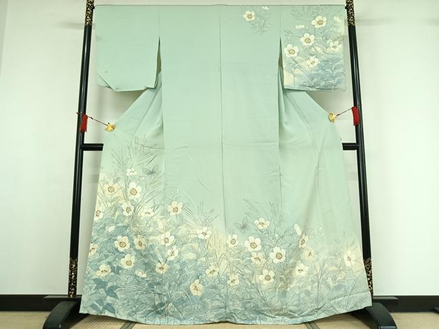 平和屋着物▽訪問着 単衣 花蝶文 暈し染め 銀彩 正絹 逸品 AABI7746jh