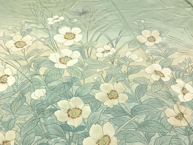 平和屋着物▽訪問着 単衣 花蝶文 暈し染め 銀彩 正絹 逸品 AABI7746jh