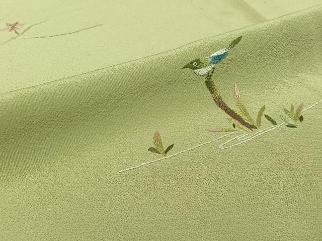 平和屋着物▽色留訪問着 単衣 総刺繍 流水枝葉文 鳥 正絹 逸品 AABI7748jh