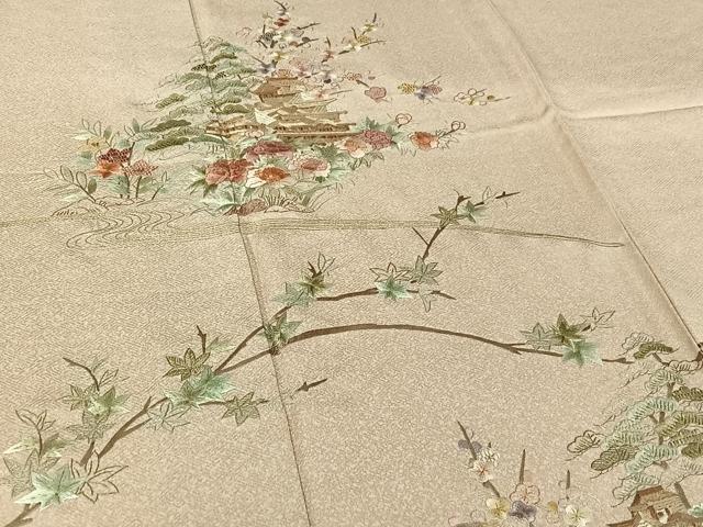 平和屋着物▽訪問着 単衣 総刺繍 風景花文 金糸 正絹 逸品 AABI7750jh