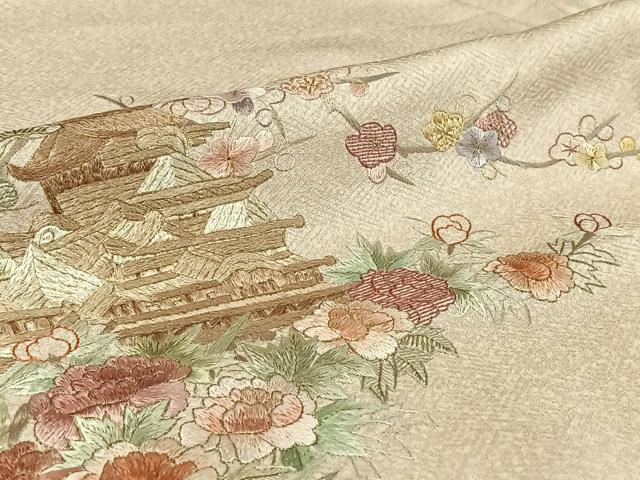 平和屋着物▽訪問着 単衣 総刺繍 風景花文 金糸 正絹 逸品 AABI7750jh