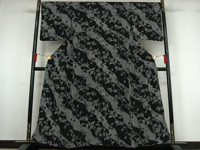 平和屋着物▽上質な小紋 単衣 草葉文 黒地 正絹 逸品 AABI7751jh