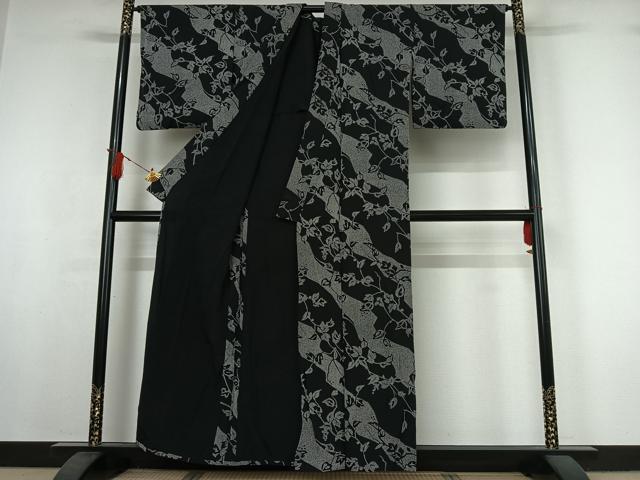 平和屋着物▽上質な小紋 単衣 草葉文 黒地 正絹 逸品 AABI7751jh