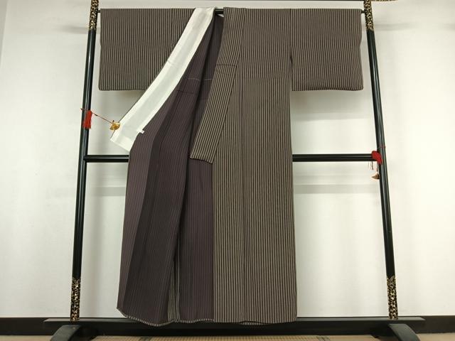 平和屋着物▽上質な小紋 単衣 縞 正絹 逸品 AABI7754jh