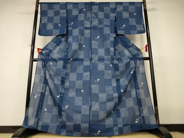 平和屋着物*夏物 小紋 絽 市松舞桜文 洗える着物 未使用 AABI7778jd