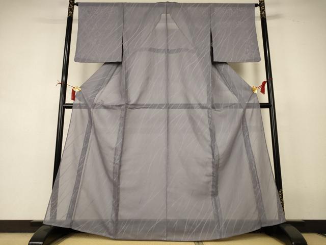 平和屋着物*夏物 色無地 紗 よろけ斜縞 源氏鼠色 正絹 逸品 AABI7782jd