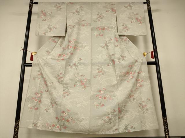 平和屋着物*夏物 小紋 絽 流水花鳥文 銀彩 正絹 逸品 AABI7787jd