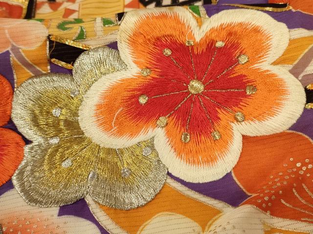 平和屋着物*夏物 振袖 絽 駒刺繍 御所車梅文 金彩 正絹 逸品 AABI7831jd