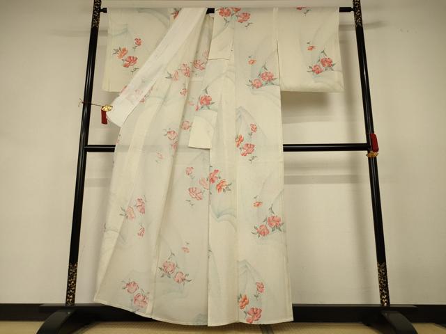 平和屋着物*夏物 小紋 絽 手描き 草花文 銀彩 正絹 逸品 AABI7876jd