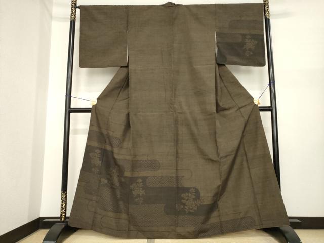 平和屋着物●結城紬 訪問着 100亀甲 エ霞花文 正絹 逸品 AABI7922ck