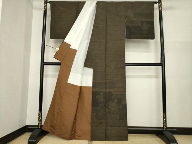 平和屋着物●結城紬 訪問着 100亀甲 エ霞花文 正絹 逸品 AABI7922ck
