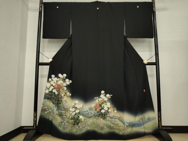 平和屋着物●十日町友禅作家 阿部佳雪 黒留袖 鴛鴦花文 暈し染め 正絹 逸品 AABI7929ck