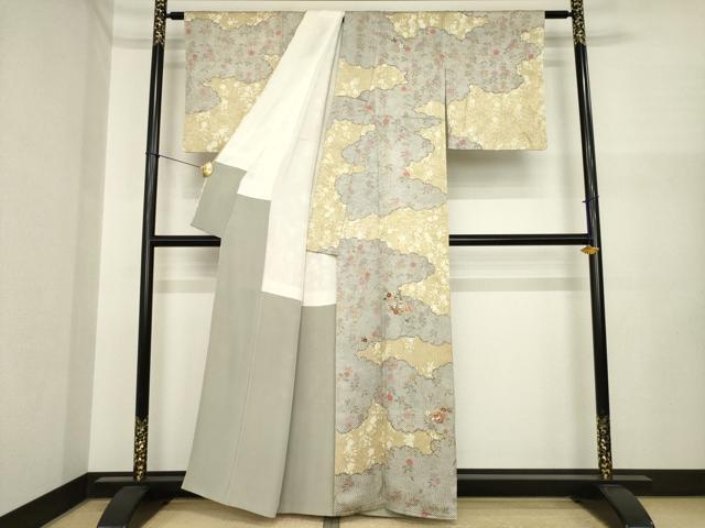 平和屋着物●訪問着 駒刺繍 地紙花蝶文 正絹 逸品 AABI7937ck