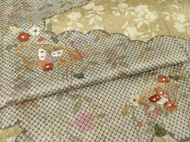 平和屋着物●訪問着 駒刺繍 地紙花蝶文 正絹 逸品 AABI7937ck