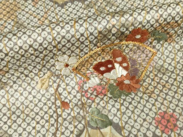 平和屋着物●訪問着 駒刺繍 地紙花蝶文 正絹 逸品 AABI7937ck