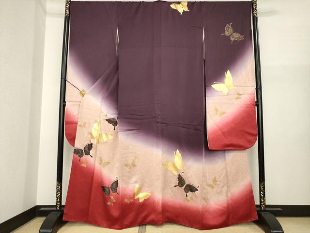 平和屋着物●豪華振袖 舞蝶文 暈し染め 金彩 正絹 逸品 AABI7972ck