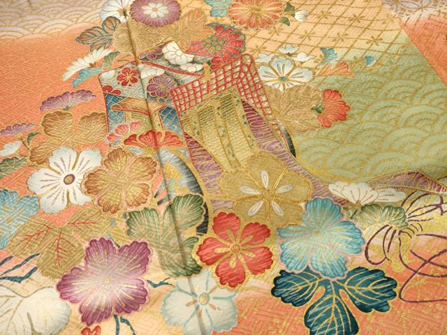 平和屋着物●豪華振袖 若紫 駒刺繍 御所車花文 金彩 正絹 逸品 AABI7976ck