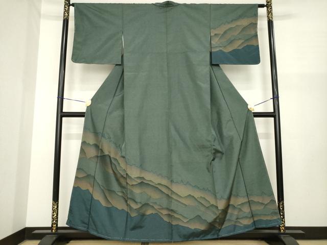 平和屋着物●本場縞大島紬 訪問着 遠山重ね文 正絹 逸品 未使用 AABI7994ck