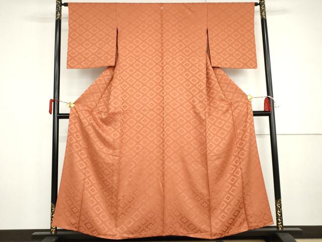 平和屋着物▽上質な色無地 単衣 菱地紋 肉桂色 正絹 逸品 AABI8003cs