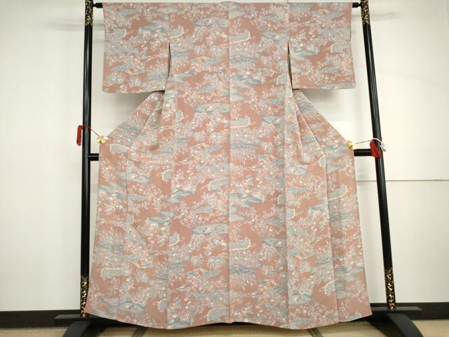 平和屋着物▽上質な小紋 単衣 雲取り草花文 鬼しぼ縮緬 正絹 逸品 AABI8014cs
