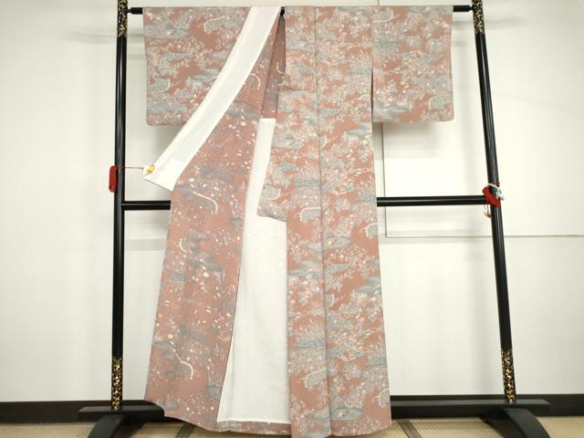 平和屋着物▽上質な小紋 単衣 雲取り草花文 鬼しぼ縮緬 正絹 逸品 AABI8014cs