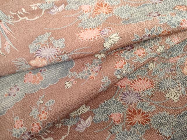 平和屋着物▽上質な小紋 単衣 雲取り草花文 鬼しぼ縮緬 正絹 逸品 AABI8014cs