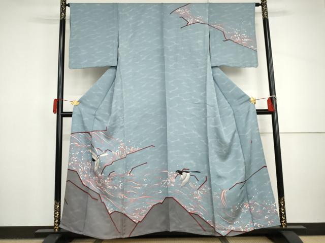 平和屋着物▽由井躬典 訪問着 単衣 立波にふくら雀 暈し染め 正絹 逸品 未使用 AABI8016cs