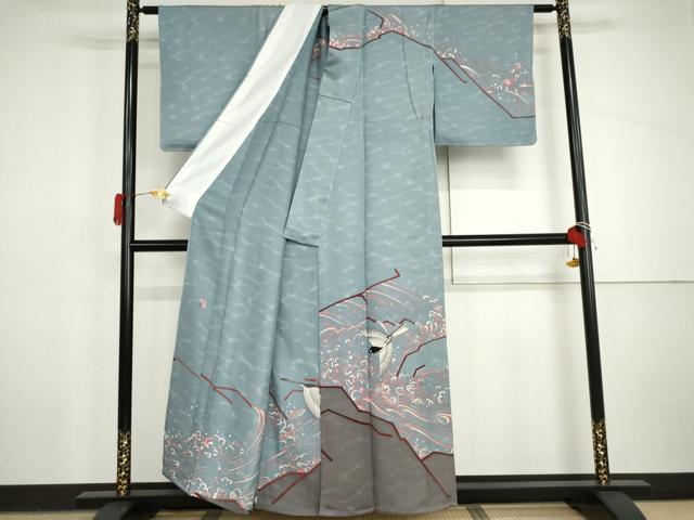 平和屋着物▽由井躬典 訪問着 単衣 立波にふくら雀 暈し染め 正絹 逸品 未使用 AABI8016cs