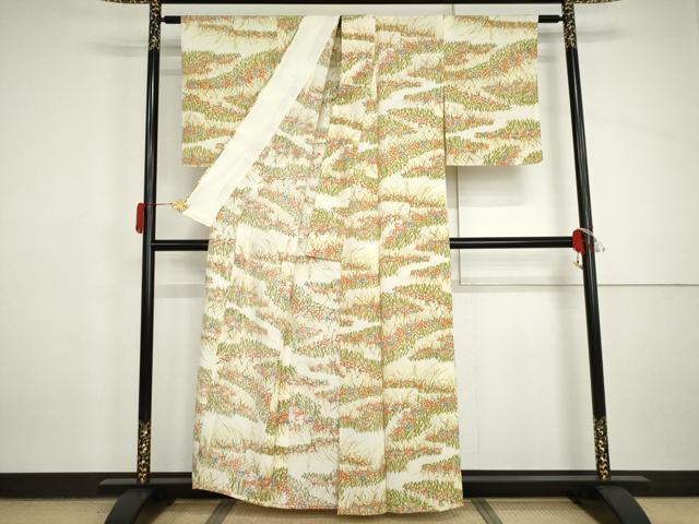 平和屋着物▽上質な小紋 単衣 手描き 草花文 暈し染め 正絹 逸品 AABI8021cs