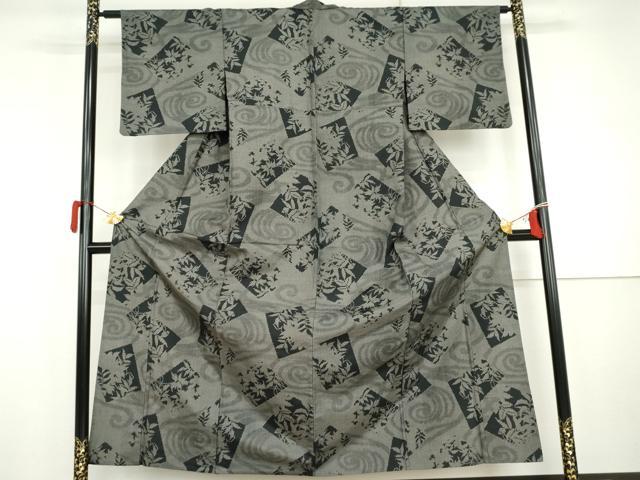 平和屋着物▽上質な紬 単衣 色紙枝葉文 黒地 正絹 逸品 AABI8031cs