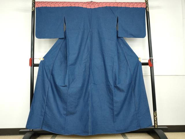 平和屋着物▽デニム着物 単衣 レース 色無地 瑠璃色 AABI8032cs