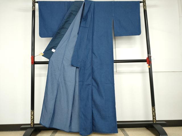 平和屋着物▽デニム着物 単衣 レース 色無地 瑠璃色 AABI8032cs