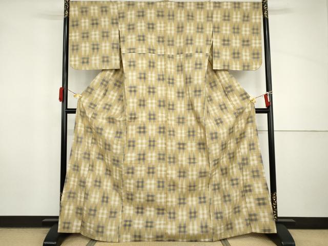 平和屋着物▽上質な紬 単衣 格子 正絹 逸品 AABI8038cs