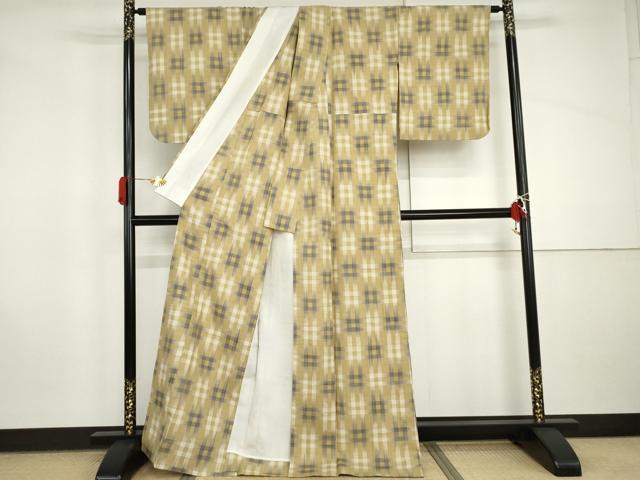平和屋着物▽上質な紬 単衣 格子 正絹 逸品 AABI8038cs