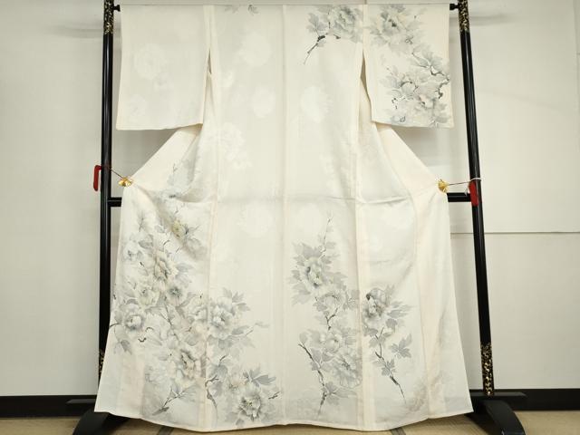 平和屋着物▽訪問着 単衣 手描き 地紋起こし 枝花文 正絹 逸品 AABI8041cs