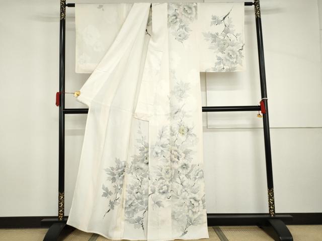 平和屋着物▽訪問着 単衣 手描き 地紋起こし 枝花文 正絹 逸品 AABI8041cs
