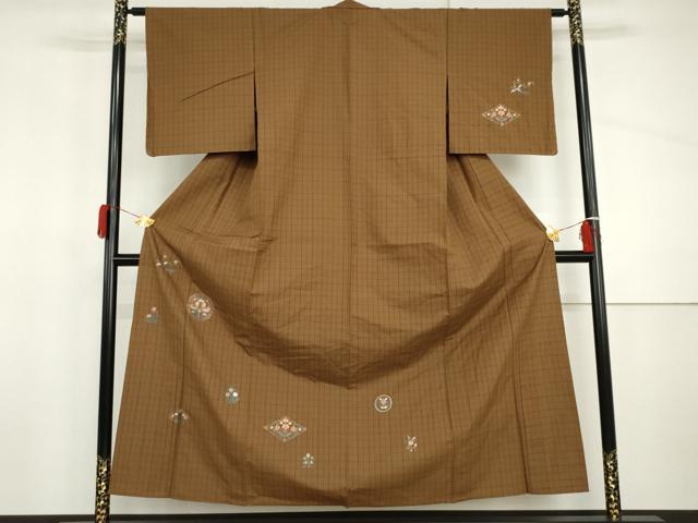 平和屋着物▽訪問着 単衣 紬地 総刺繍 双鳥花丸文 金糸 正絹 逸品 未使用 AABI8047cs